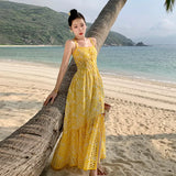 French Embroidery Hollow Out Fish Bone Perspective Sling Flounce Waist Show Thin Holiday Wind Beach Dress Summer-Outfit