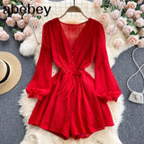 Women Dot Chiffon Rompers Long Sleeve V Neck Casual Loose Overalls Jumpsuits Summer Korean Wide Leg Beach