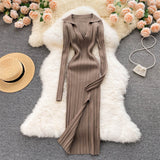 Women Korean Knitted Dress Long Sleeve V Neck Elastic Slim Pencil Dresses 2022 Autumn Sexy Bodycon Split Sweater