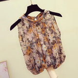 Halter Floral blouse women 2022 summer Korean Sexy fashion elegant loose sleeveless halter retro chiffon shirt