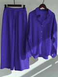 Linen Shirts Wide Leg Elastic Waist Pants Women Casual Sets Elegant Loose Long Sleeve Lapel 2023 Autumn Shirt Y2k Suit-Outfit