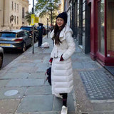 Down Jacket Female 2024 New Long Over The Knee Waist Hooded Belt Winter Net Red And White Duck Down Coat Tide-Outfit
