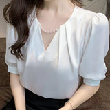 Top Femme Short Sleeve Blouse Women Blusas Mujer De Moda 2021 Verano Beading V-Neck Chiffon White Blouse Shirt Tops