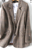 Vintage Single Breasted Office Ladies Plaid Blazer Long Sleeve Loose Plaid Coat Jacket Women Blazers Female