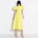 Loose Casual Dress For Women Round Neck Puff Sleeve High Waist Solid Minimalist Midi Dresses Female Summer