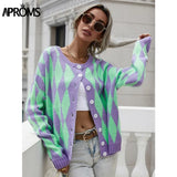 Aproms Vintage Green Purple Plaid Knitted Cardigan Women Winter Oversized Soft Sweater Female High Fashion Outerwear