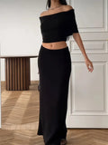 Ribbed Off-Shoulder Top And Maxi Skirt Set-Outfit