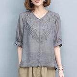 Clothing Cotton Hemp Women's 2023 New Short Sleeve T-shirt Summer V-Neck Graphic Fashion Elegant Loose Vintage Tops-Outfit