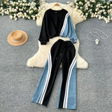 Denim Set Female Retro Casual Color Long-Sleeved Sweater Denim Spliced Broad Leg Pants Two