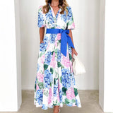 Printed Bohemian Dress Spring Summer New Short-Sleeved Belt A-Shaped Dress