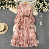 Collar Net Long-Sleeved Lotus Leaf Edge Printing Waist Fluffy Pendulum Dress Female Spring And Autumn Lantern Sleeve Cake Dress-Outfit