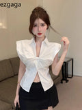 Sleeveless Shirts Women French Style Chic Elegant Turn Down Collar Split Summer Fashion Blouse Sexy Ladies Crop Tops-Outfit
