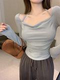 Sexy T Shirts Women Long Sleeve Halter Bandage Backless Slash Neck Off Shoulder Solid Slim Crop Tops Female Casual Tshirt-Outfit
