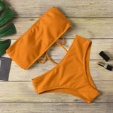 Solid Bikini Women Beach Padded Strapless Brazillian Swimsuit High Waist Back Lace Up Female Biquini Bathing Suit