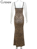 Women's Leopard Printed Maxi Dress Elegant Spaghetti Strap Backless Lace-up Robe Skinny Retro Dresses Vestidos New 2024-Outfit