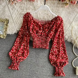 Wooden Ear Print Blouse Holiday Beach Style Slim Fit Pleat Blusas Square Collar Off Shoulder Chiffon Shirt