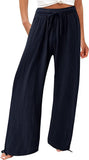 Casual Trousers Solid Color Lace Wide
