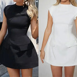 Women's Temperament Elegant High-Waist Sexy Miniskirt Ladies Fashion Round-Neck Short-Sleeved