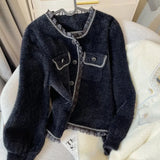 Fashion Ruffles Cashmere Cardigan Women Kawaii Sweet Crew Neck Short Sweater Coat Elegant Loose Long Sleeve Knitted