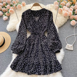 Women French Print Dress Long Sleeve V Neck A-line Ruffles Dresses 2022 Autumn Bohemian Casual Vacation Short