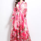 Women's Dress Spring New Court Style Waist Suit Collar Lantern Sleeve Print Long