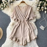 Summer New Korean Rompers Women Flared Sleeve Solid Ruffle Wide Leg Short Jumpsuits Casual Vacation Beach