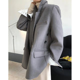 Winter Thickened Woolen Blended Suit Lapel Wide Shoulder Leisure Plus Size Loose Women Black Oversized Blazers And