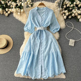 Korean Chic Elegant Pink V-neck Stitching Lace Hook Flower Waist Thin Bubble Sleeve Female Dress 2022 Summer