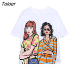 Summer Women Fashion Double Girls Print Knitting Casual T Shirt Female Basic O Neck Short Sleeve Chic White Tops