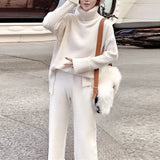 Autumn Winter 2 Pieces Women Sets Knitted Tracksuit 2022 New Turtleneck Sweater and Wide Leg Jogging Pant Pullover