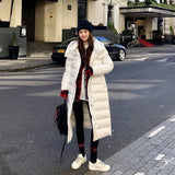 Down Jacket Female 2024 New Long Over The Knee Waist Hooded Belt Winter Net Red And White Duck Down Coat Tide-Outfit