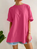 Loose Open Fork Cotton Short-Sleeved T-Shirt Women Comfortable Round Neck Solid Color T Hot