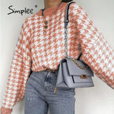 Simplee Women geometric khaki knitted sweater women casual Houndstooth lady pullover sweater female Autumn winter retro