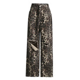 Toloer Tooling Fall 2024 New Fashion Personality Leopard Print Hole Straight Loose Long Jeans Women-Outfit