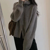 Raccoon Velvet Half-High Collar Collar Double Zipper Sweater Coat Women's Autumn And Winter Thick Outer Wearing Knitted Open