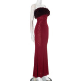 Strapless Red Feather Mesh Maxi Dress-Outfit