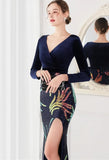 Winter Elegant Velvet With Sequins Deep V Neck Long Sleeve Slit Cocktail Eevening