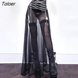 Gothic Harajuku Punk Black Hole Skirt Y2K Goth Mesh Grunge Patchwork Eyelet Split Long Skirt Summer Sexy Night Club