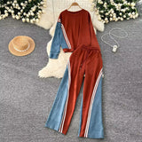 Toloer Version Of Casual Sports Suit Female Autumn Design Sense Loose And Versatile Round Collar Hoodie High Waist Jeans Splicing