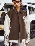 Winter Brown Printed Patch Turndown Collar Zipper Hip Hop