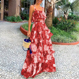 Toloer Spot 2024 Women's Fashion Holiday Wind Strap Top Print Flounce Skirt Two-Piece Set-Outfit
