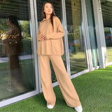 Casual Autumn Loose Knit Sweater Set Fashion Zip Lapel Long Sleeve Pullover Sweater & Straight Pants Two-piece