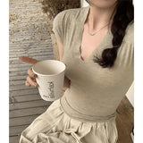 Version Of Ins Grey Slim V-Collar Short-Sleeved T-Shirt Women's Spring And Summer New Casual Fashion Blouse-Outfit