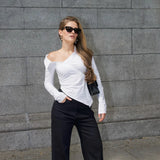 Autumn Irregularly Exposed Shoulder Buckle Shirt Female Pure Desire To Slim Slim Personality Design Fashion