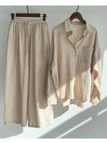Linen Shirts Wide Leg Elastic Waist Pants Women Casual Sets Elegant Loose Long Sleeve Lapel 2023 Autumn Shirt Y2k Suit-Outfit