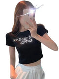 Toloer Celebrity Bottom Shirt High Waist Crop Short Jacket Women Hot Diamond Letter Slim Summer Short-Sleeved T Shirt Women Ins