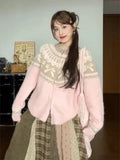 Pink Jacquard Bow Knitted Cardigan-Outfit