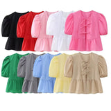 Toloer Sweet Gentle Wind Pure Color Lace Design Shirt Fashion Niche Bubble Short Sleeve Temperament Women's Dress-Outfit