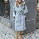 Simplee Fashion autumn winter warm coat women Casual Hooded with belt long coat parkas female High street pocket loose coat