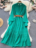 Autumn White/Green/Pink New Lace Embroidery Dress Women Long Sleeve Dresses Female Vintage Party Beach Maxi Long